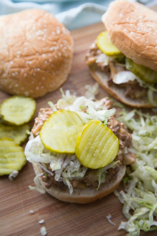 Big Mac Sloppy Joes - sloppy joe sandwiches on cutting board