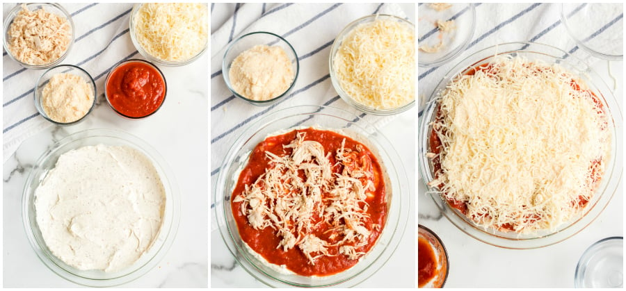 Chicken Parmesan Dip - assembling dip in a class baking dish