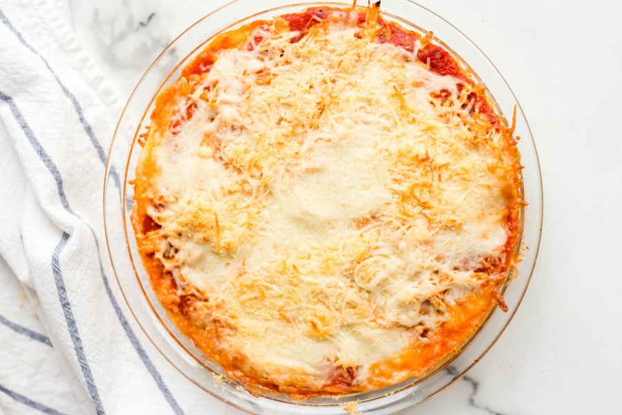 Chicken Parmesan Dip - baked dip in glass dish
