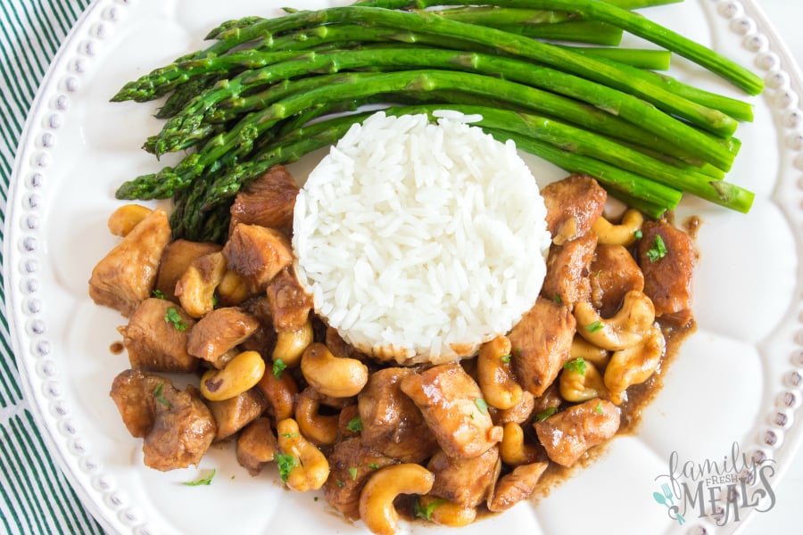 Crockpot Cashew Chicken - Served with white rice and steamed asparagus