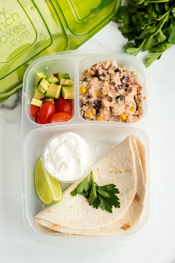 Crockpot Cilantro Lime Chicken - Leftovers packed in Easy Lunchboxes with tortillas