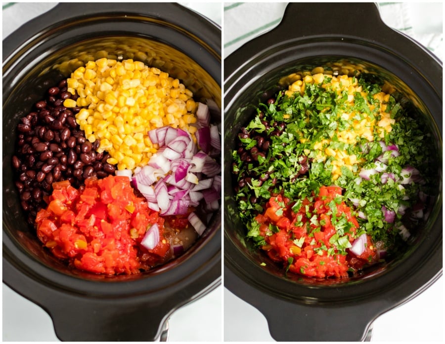 Crockpot Cilantro Lime Chicken - black beans, corn, onion, diced tomatoes, corn and cilantro added into the slow cooker