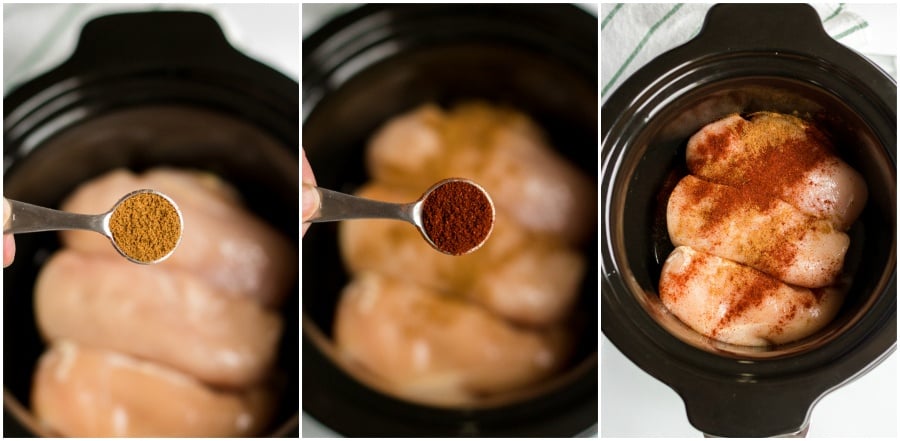 Crockpot Cilantro Lime Chicken - chicken in the slow cooker and topped with seasoning