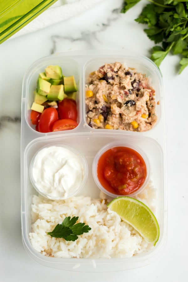 Crockpot Cilantro Lime Chicken - leftovers packed in Easy Lunchboxes with rice