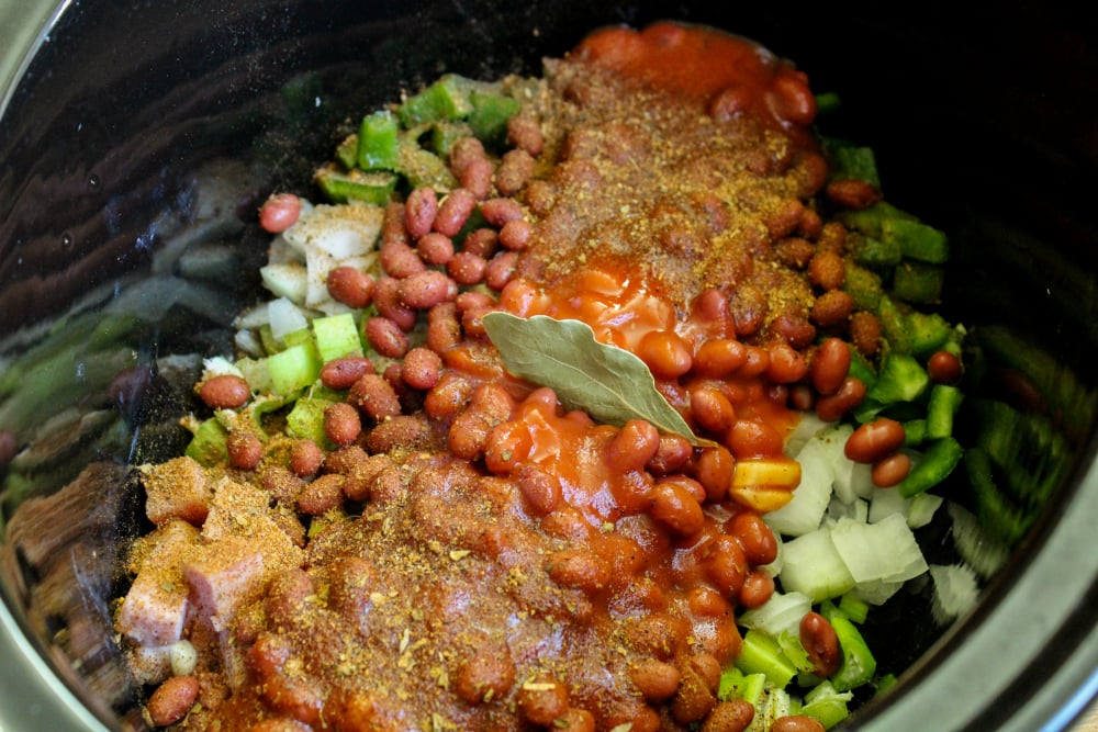 Crockpot Red Beans and Rice - beans and seasoning added into slow cooker