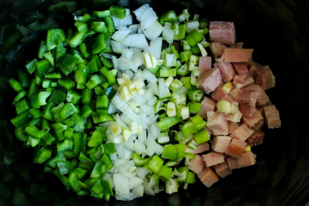 Crockpot Red Beans and Rice - diced bell pepper, onion, celery and ham in slow cooker