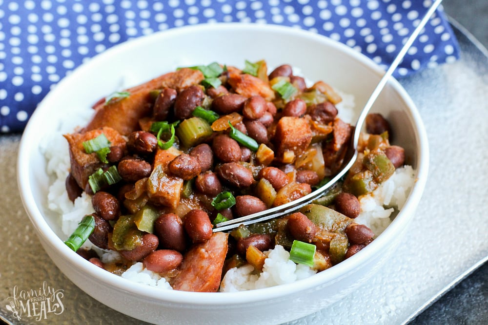 Crockpot Red Beans and Rice - served in a white bowl