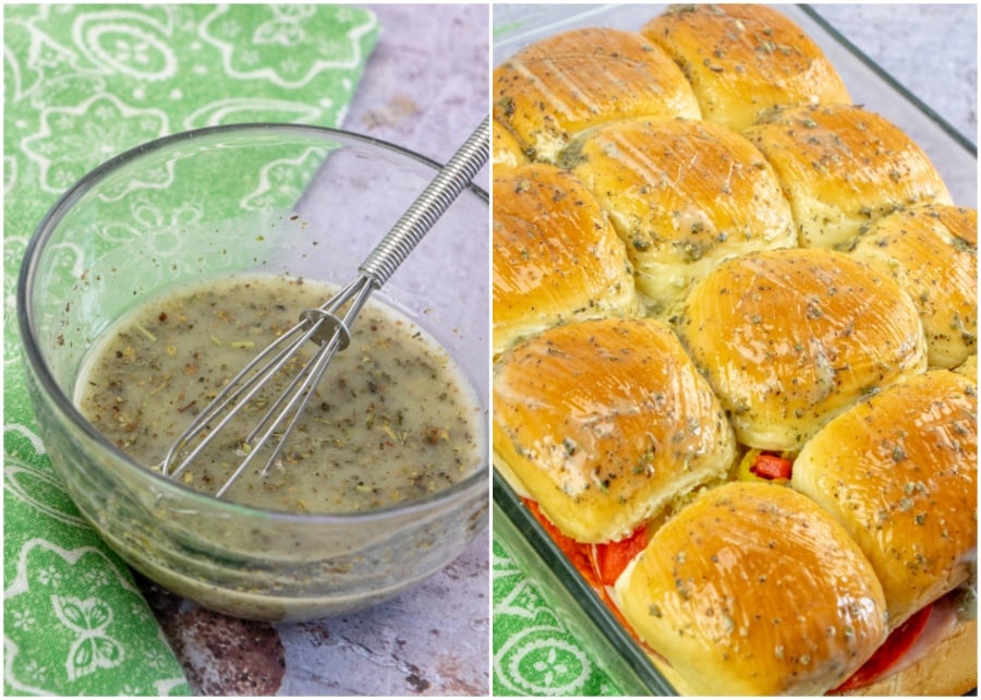 Hot Italian Sub Sliders - melted butter and seasoning whisked in a bowl and then brushed on top of sliders