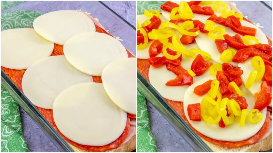 How to Make Hot Italian Sub Sliders - sliced cheese and peppers added to sliders