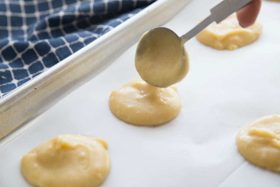 Easy Cream Puff Recipe - dropping dough on to sheet pan