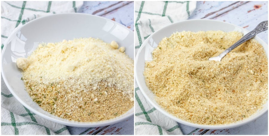 Bread crumbs and parmesan cheese being mixed together