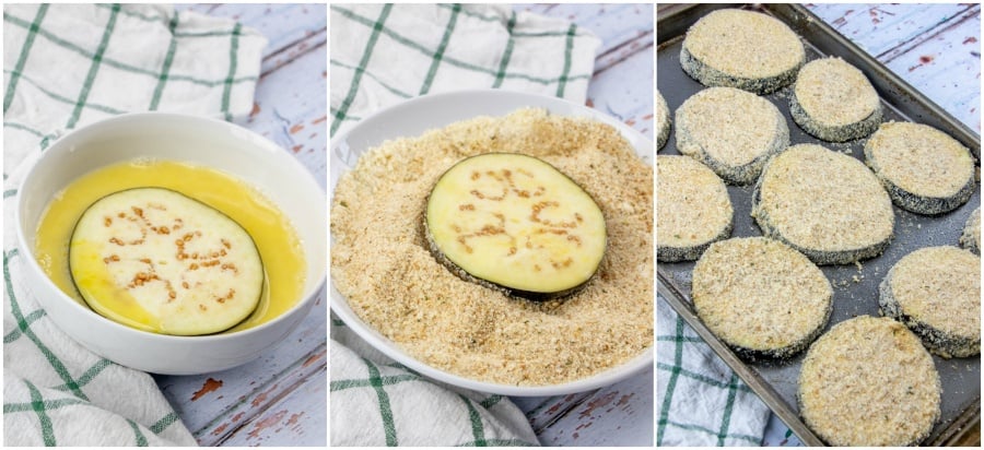 Easy Eggplant Parmesan - eggplant slices dipped in egg mixture, breadcrumbs and placed on baking sheet