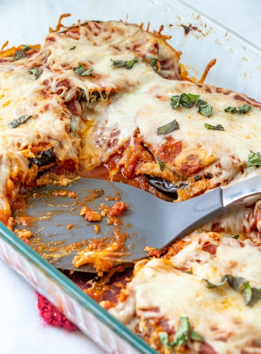 Easy Eggplant Parmesan - served with a spatula