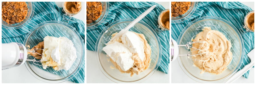 No Bake Butterfinger Pie - mixing together peanut butter, cream cheese, sugar and cool whip