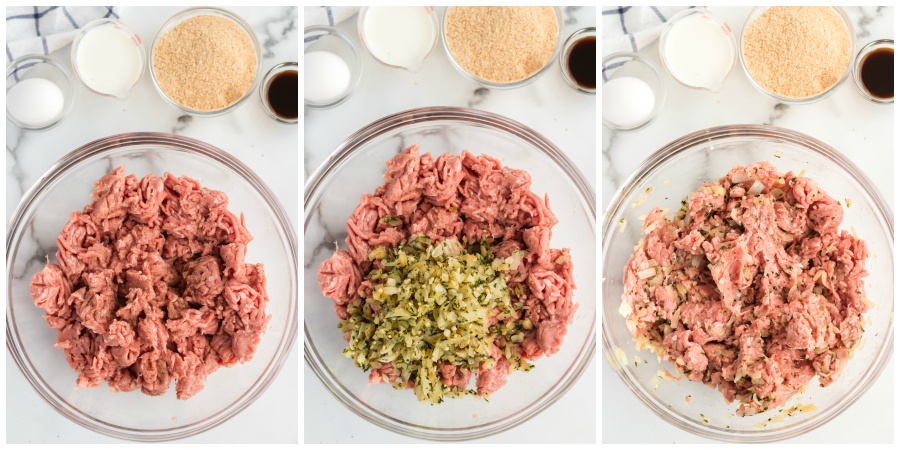 Turkey Meatloaf recipe - mixing ground turkey and seasoning in glass bowl