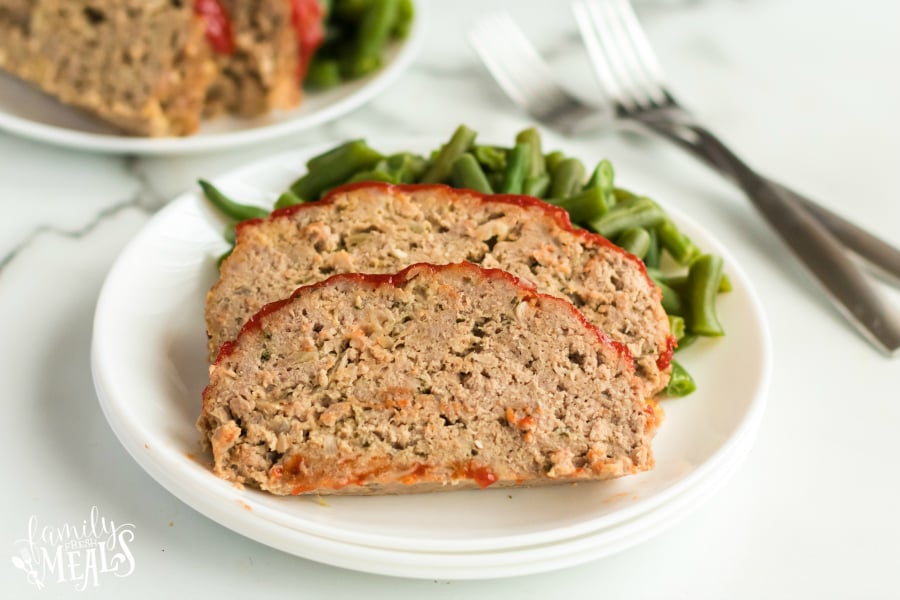 Turkey Meatloaf recipe - slice of meatloaf served on a plate with green beans