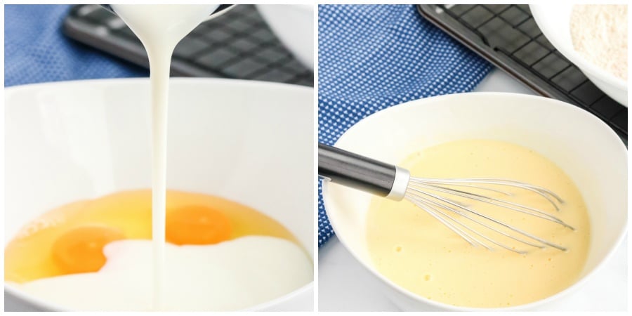 Whisking together eggs and cream in white bowl