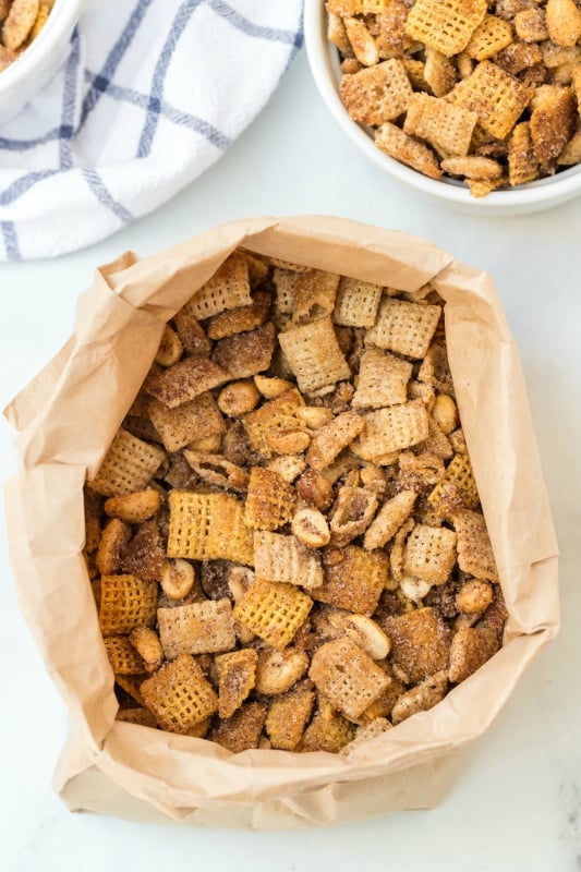 Churro Chex Mix Recipe - chex mix in bowl paper bag