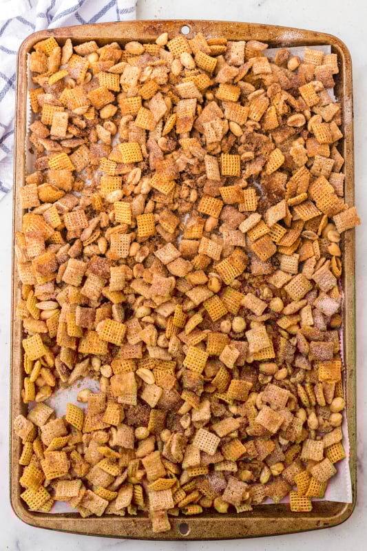 Churro Chex Mix - churro chex mix on baking sheet