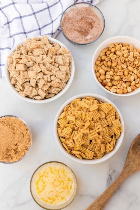 Chex mix cereal, cinnamon sugar mix, peanuts, butter, brown sugar