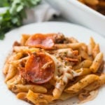 Easy Pizza Pasta Bake Recipe - served on a plate - Family Fresh Meals