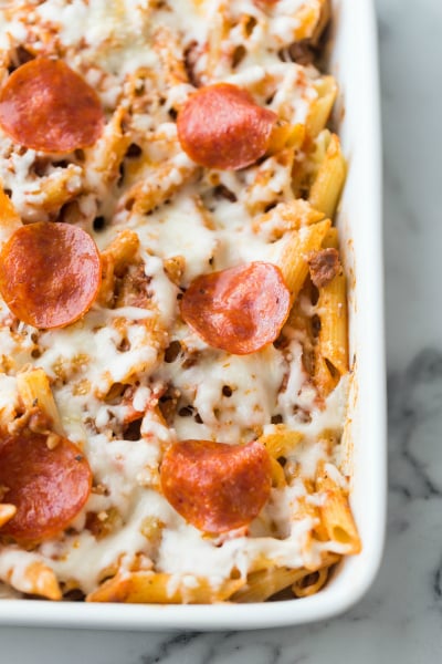 Easy Pizza Pasta Bake - cooked pizza casserole fresh out of the oven