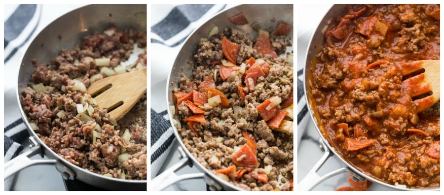 Meats, onions and sauce cooking in a pan