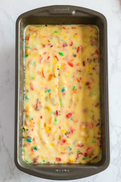 Fruity Pebble Breakfast Bread Recipe - batter in bread pan