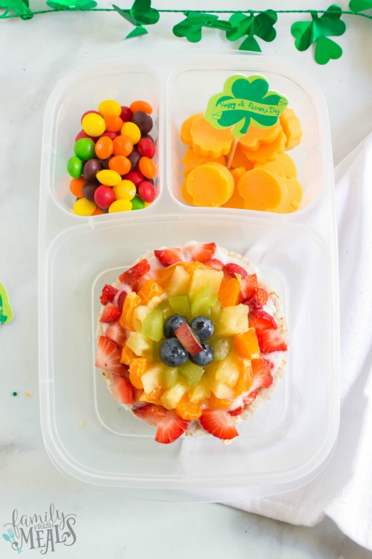 St. Patrick's Day Easy Lunchbox Ideas - rainbow fruit rice cake lunch