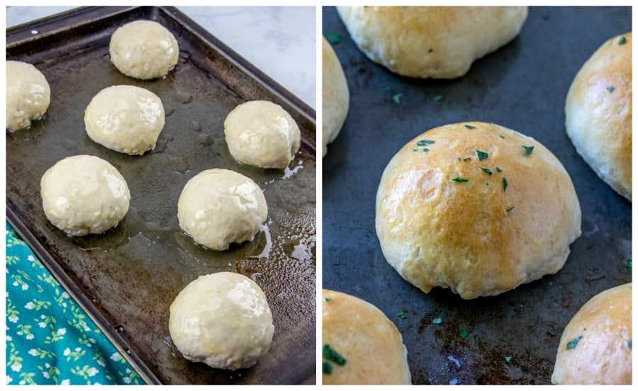 Biscuits on baking sheet and brushed with butter