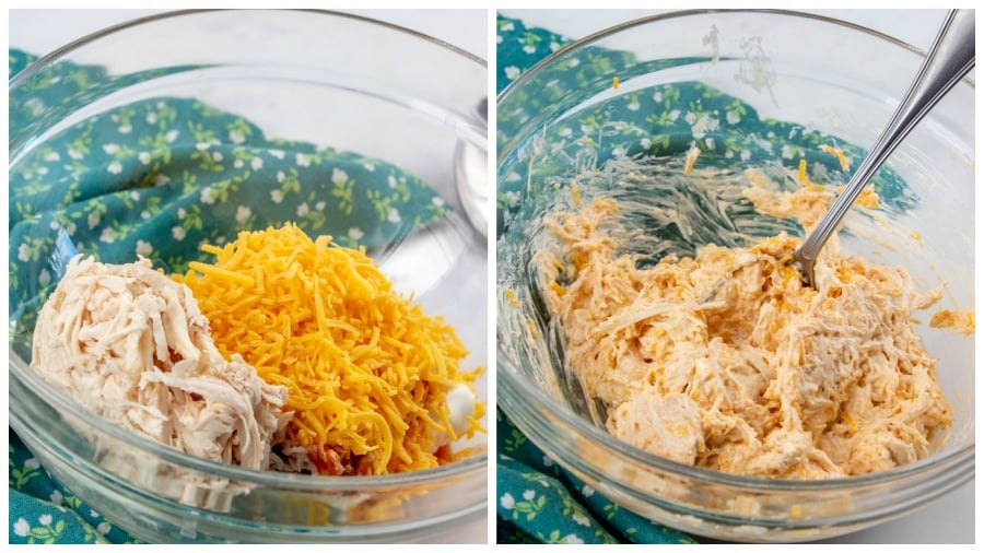 Mixing chicken mixture in a glass mixing bowl