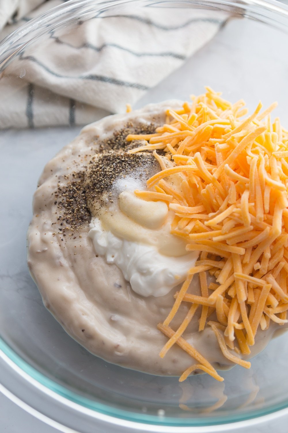 Tuna Casserole Ingredients in a glass mixing bowl