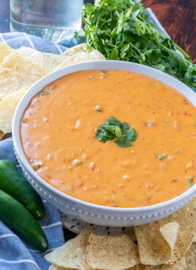 Copycat Chipotle Queso Recipe - served with tortilla chips