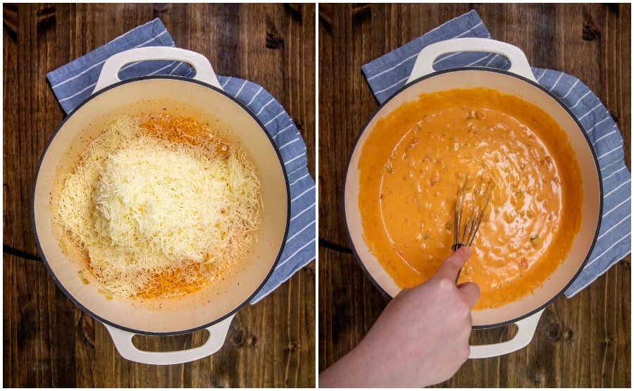 Copycat Chipotle Queso recipe - stirring in cheeses