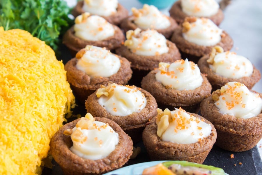 Easter Appetizer Snack Board -- carrot cake cups with cream cheese filling