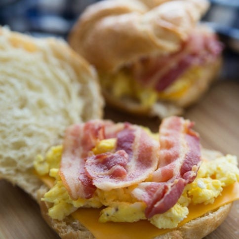 Freezer Friendly Breakfast Croissant Sandwiches - cheese, eggs and bacon on croissant