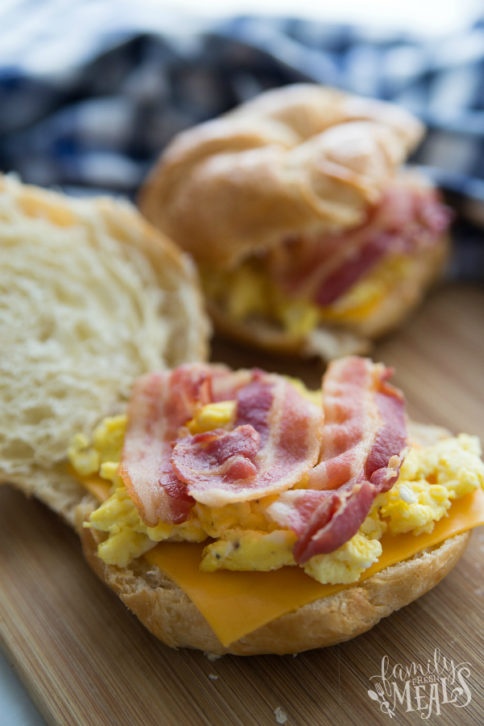 Freezer Friendly Breakfast Croissant Sandwiches - cheese, eggs and bacon on croissant