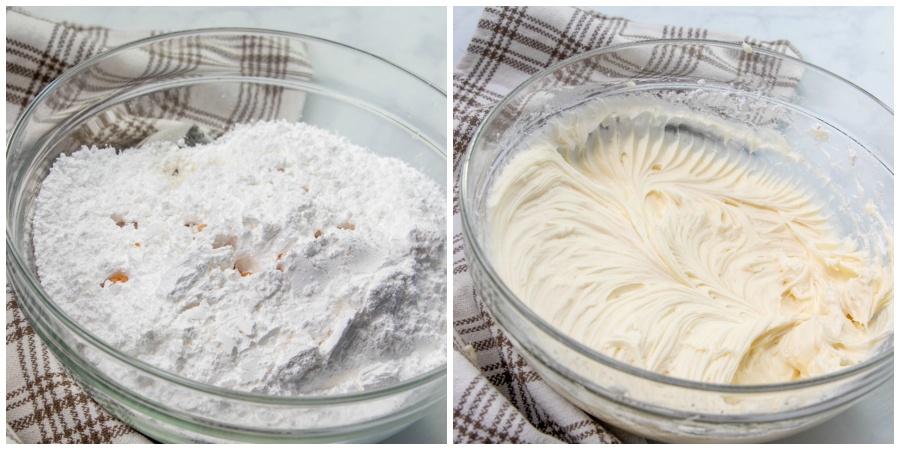 Mixing cream cheese frosting in mixing bowl
