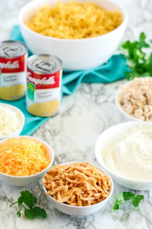 Egg noodles, canned soup, cooked chicken, french onion dip, french fried onions and shredded cheeses