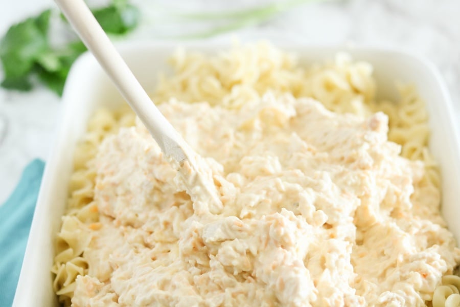 Creamy chicken mixture being placed over cooked noodles in a casserole dish