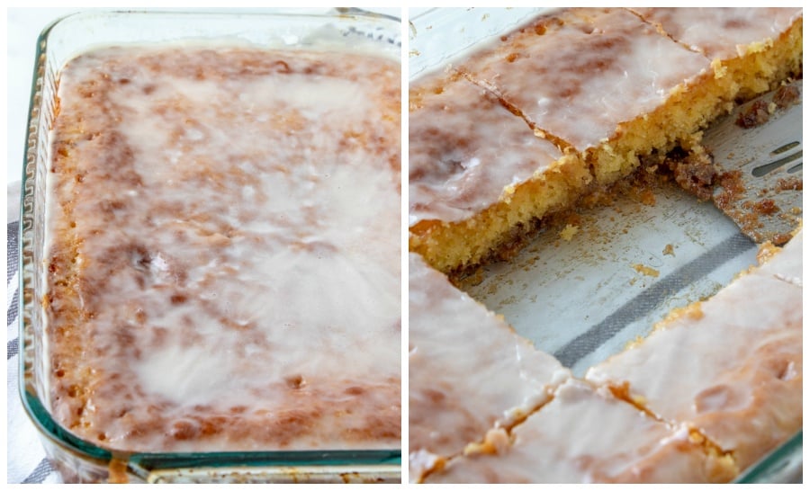 Honey Bun Cake Recipe - 2 images - in the left image, cooked honey bun cake in baking dish. The right picture shows 2 pieces of cake cut out of cake with a spatula