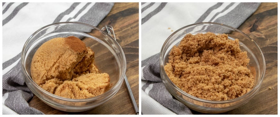 2 images showing cinnamon sugar mixture being mixed together