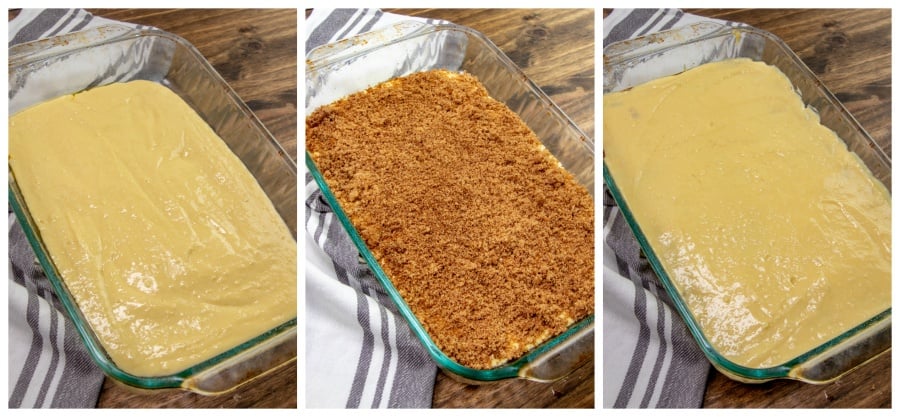 Honey Bun Cake Recipe - 3 images showing the cake being put together in 9 X 13 baking dish by layers