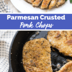 collage image: top picture of sliced parmesan crusted pork chop on a white plate - bottom image: pork chops cooking in a pan
