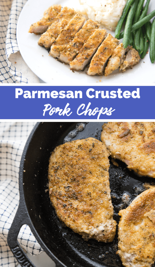 collage image: top picture of sliced parmesan crusted pork chop on a white plate - bottom image: pork chops cooking in a pan