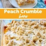 Collage picture: top image of a piece of crumble on a white plate - bottom picture of baked peach crumble in baking dish