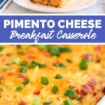 Top photo is a piece of casserole on a white plate - Bottom picture of cooked casserole in casserole dish