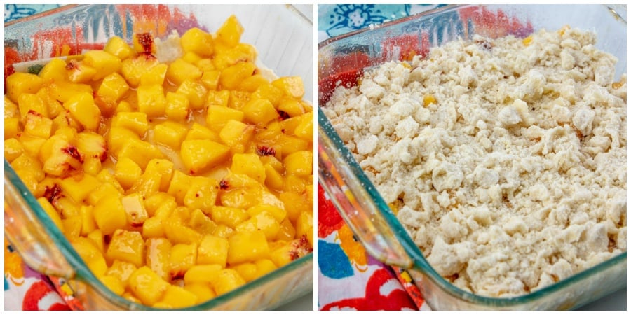 picture collage with 2 images - left picture - peach mixture placed on top of pressed down crust - right picture - the rest of the crumble mixture placed on top of peaches