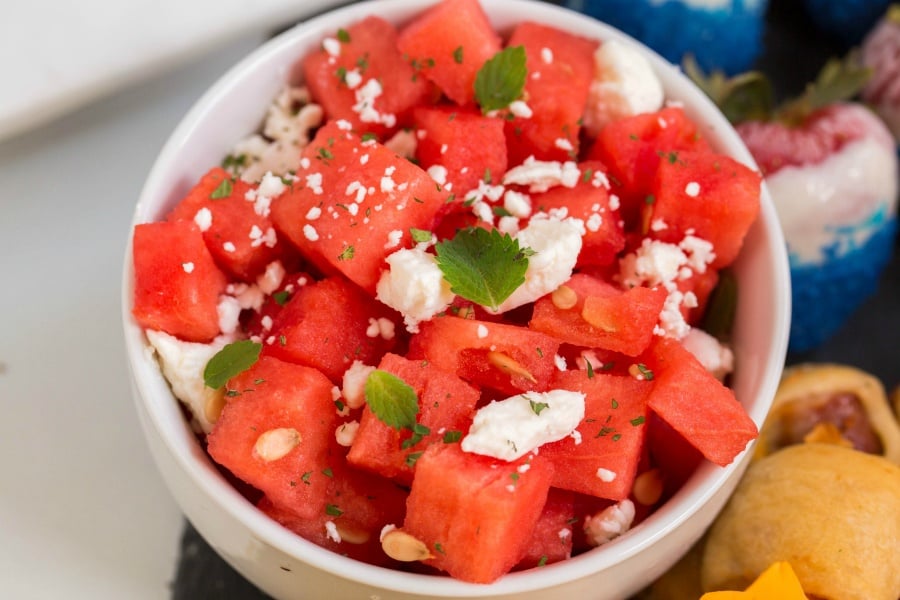  watermelon feta salad in a small white bowl