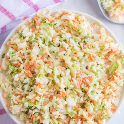 Top down photo of Copycat KFC Coleslaw in a white bowl